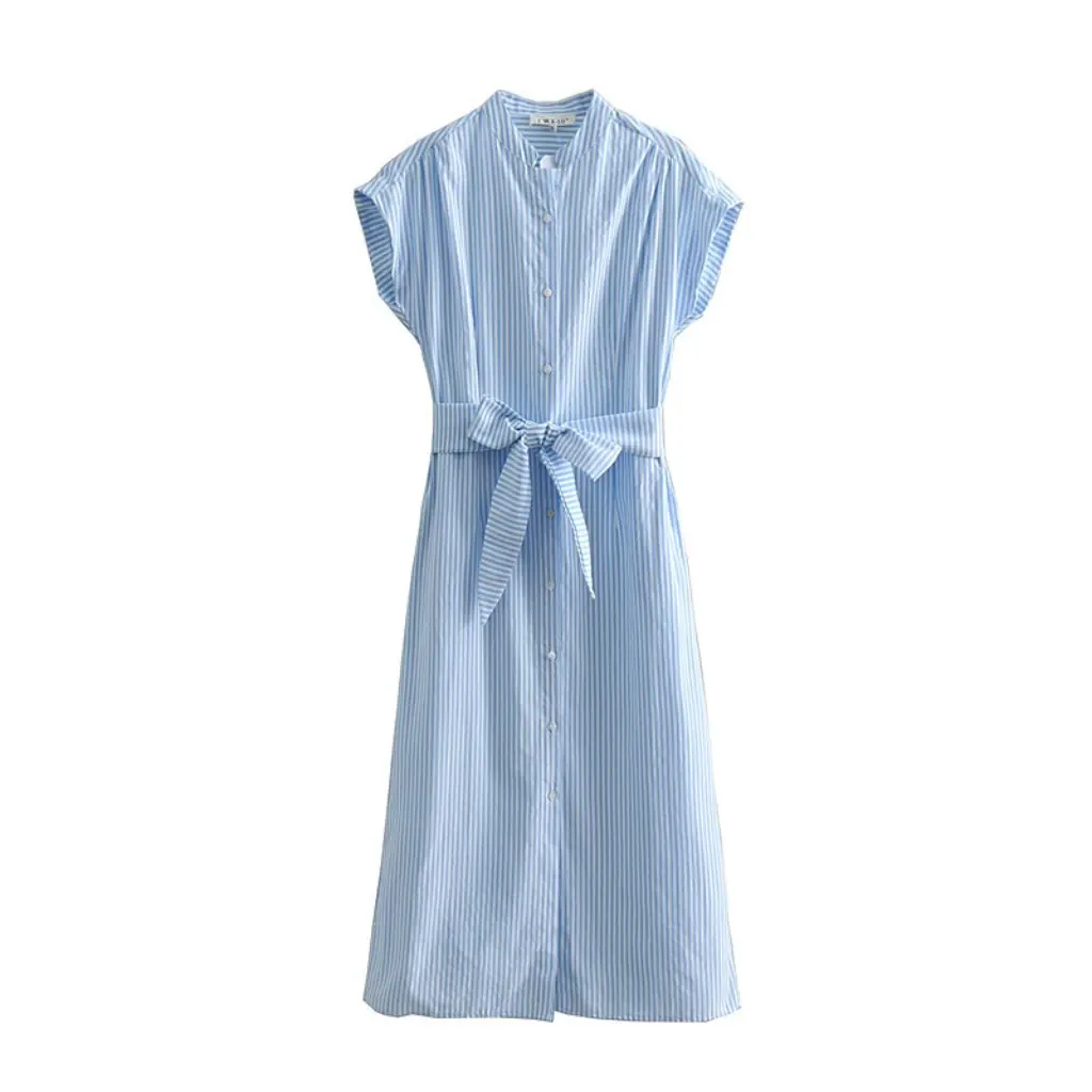 Vestido camisero con cinturón para mujer, ropa de mujer a rayas con abertura lateral, estilo europeo americano, nueva moda