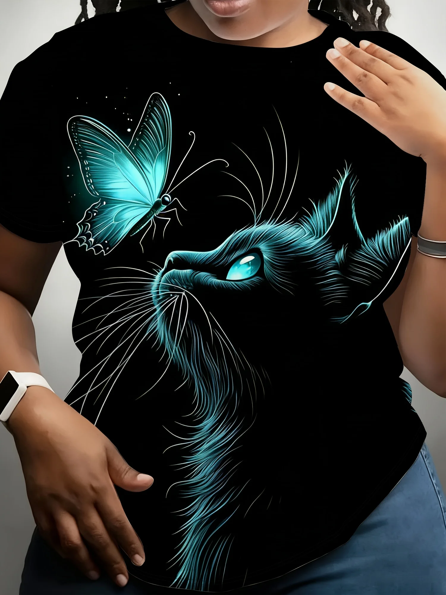 Women Crew Neck Short Sleeve T‑Shirt, Glowing Teal Cat And Butterfly Art Graphic Print Casual Summer Black Tee