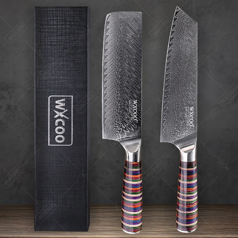 WXCOO Japanisches Kiritsuke Nakiri-Messer, Damaskus-Stahlmesser, Schneiden von Fleisch, Hackmesser, handgeschmiedet, professionelle Koch-Küchenmesser