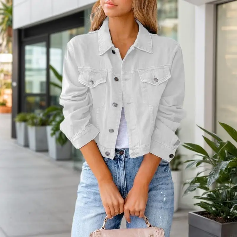 

77HE Fit Cropped Denims For Women Lightweight Long Sleeve Lapel Collar Button Down Trucker Coat Casual Outerwear