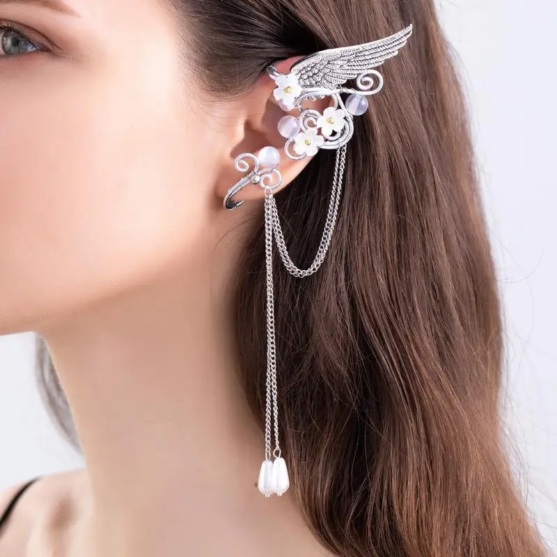 Left Ear Right Ear Sweet Alloy Elf Ear Clip Elf Ear Crystal Long Tassel Earrings Charm No Piercing Wings Ear Cuff Girls
