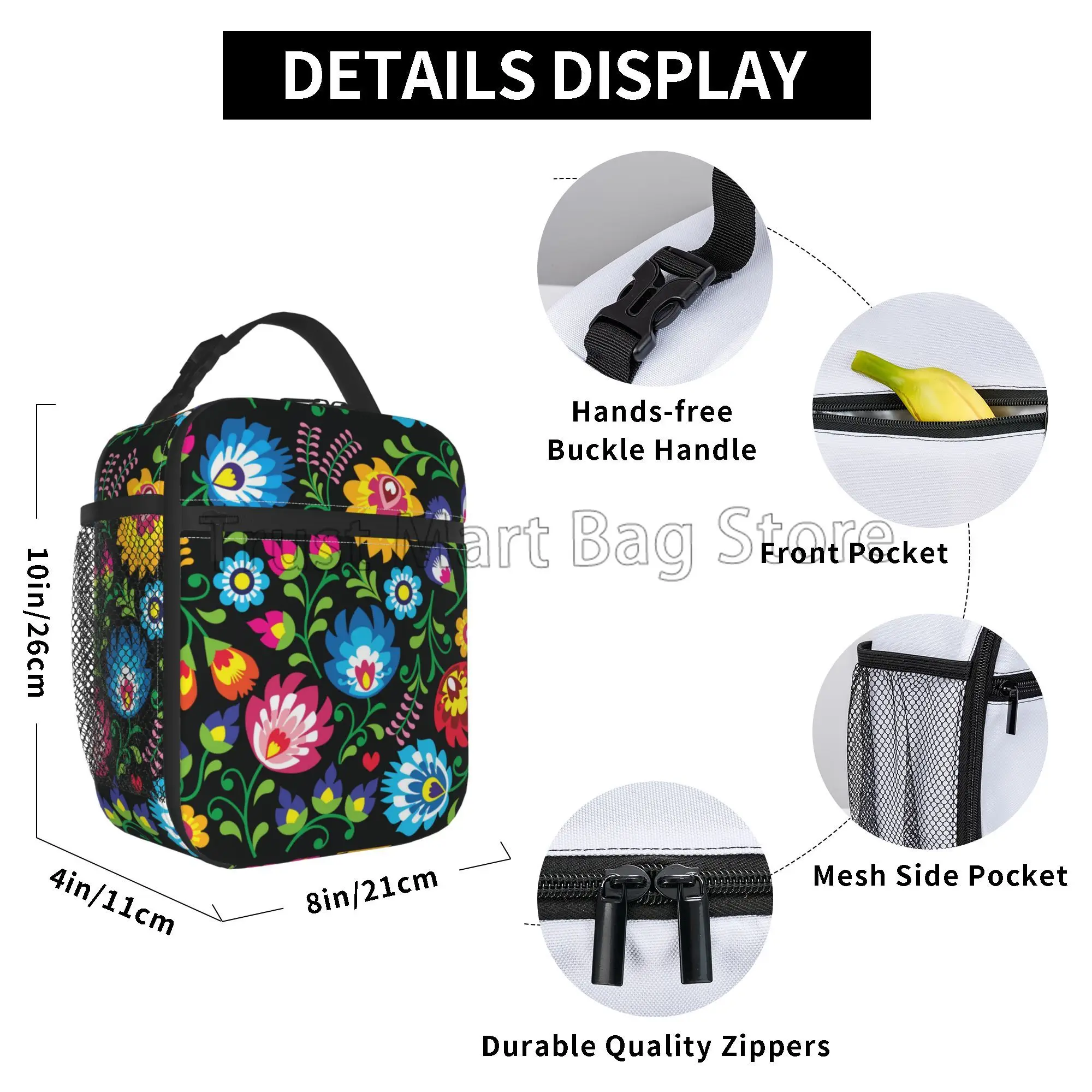 Poland Polish Floral Folk Art Flower Insulated Lunch Bag Reusable Portable Waterproof Lunch Box Thermal Oxford Bento Tote Bag