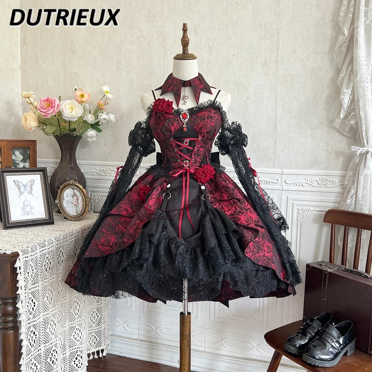 Original Lolita High Waist Gothic Girl Lace Suspender Jsk Dress Sweet Girls Printed Lace Up Slimming Black Red Dresses