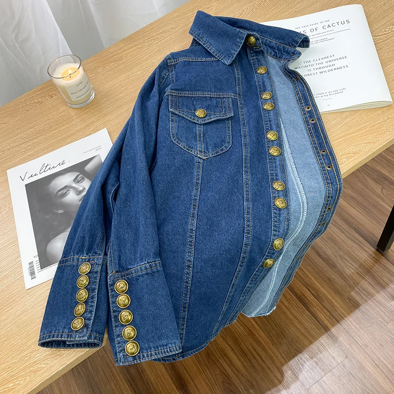 Vintage Denim Shirt Women\'s Spring Autumn Casual Thin Blouse New Elegant Turn-down Collar Gold Button    Long Sleeve Coat Top