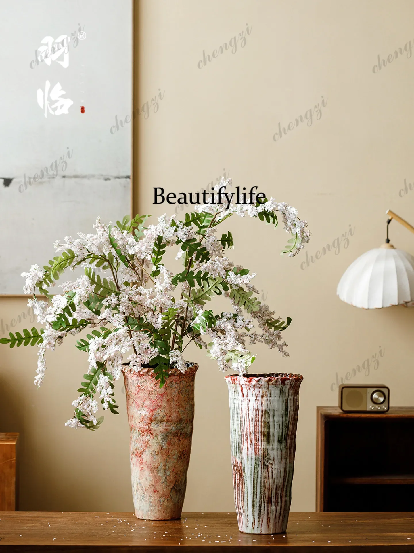45 Small ceramic floor-to-ceiling large vase simulation flower living room decoration pottery pot flower decoration