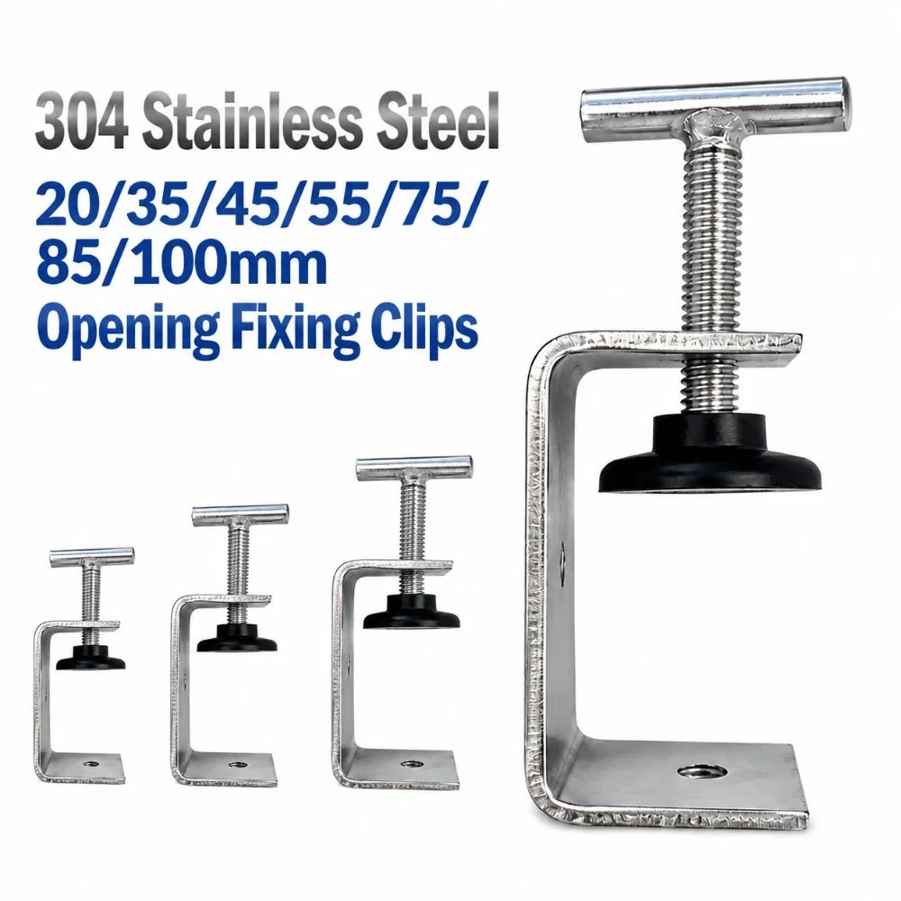 304 Stainless Steel C-clamp T-shaped Head Rubber Pad Square Clamp 20-100mm Opening Hand-Tightening Woodworking Fixing Clips