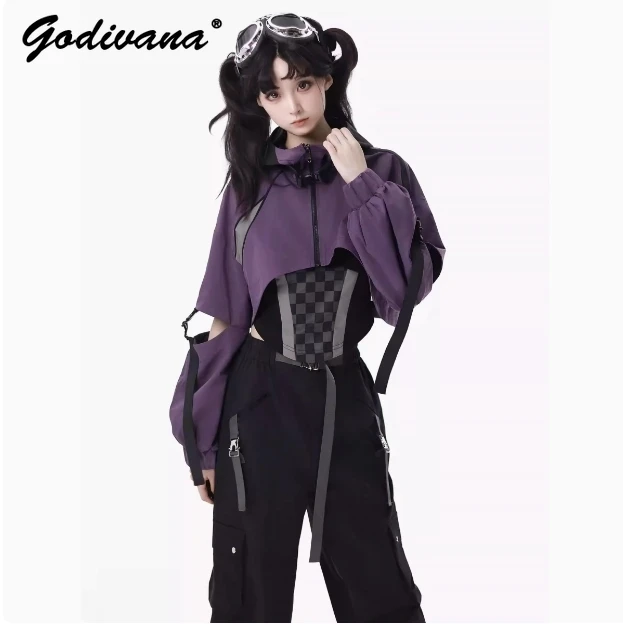 Functional Design Purple and Black Plaid Splicing Zipper Jacket Cargo Pants Autumn and Winter Sweet Cool Women\'s Trousers Set