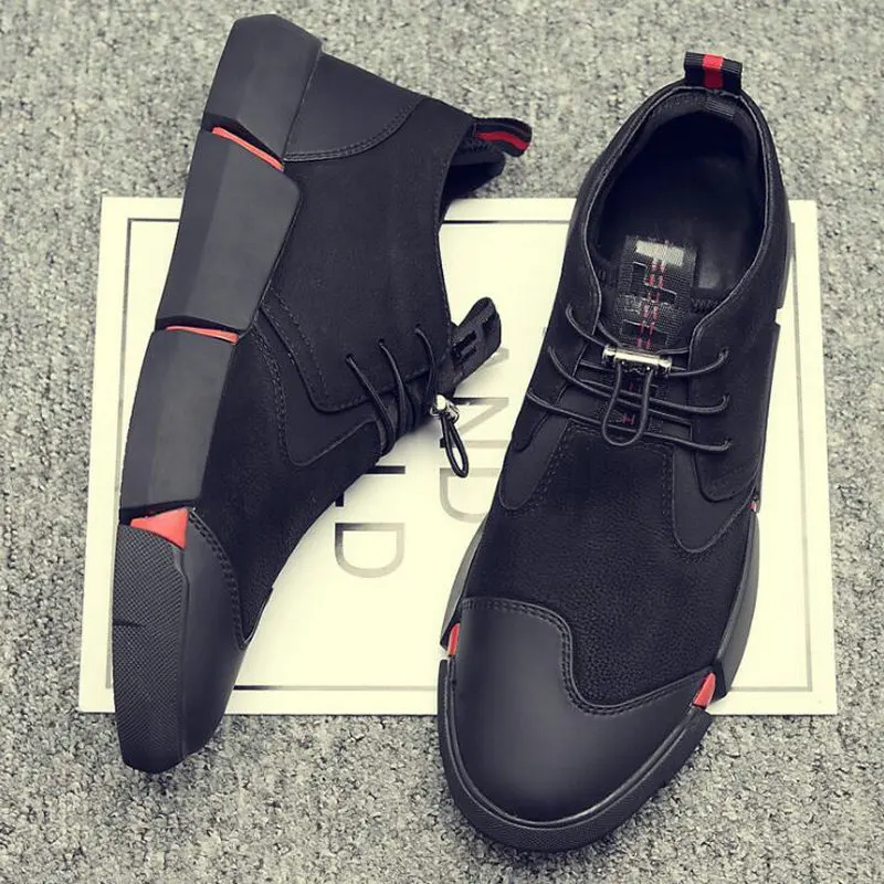 Brand High quality all Black Men\'s leather casual shoes Fashion Sneakers winter keep warm with fur flats big  size 45 46 896