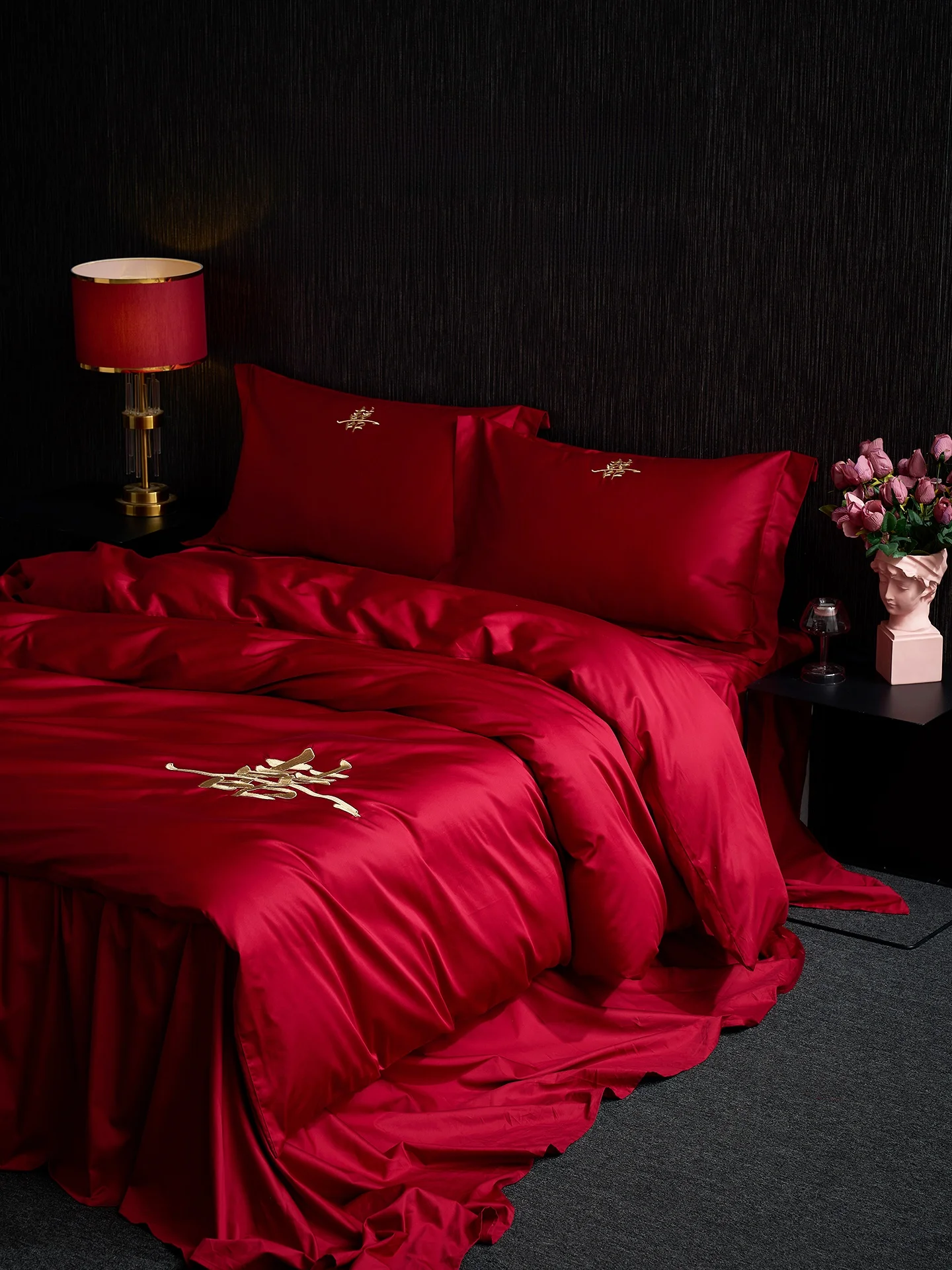 

Комплект постельного белья Sandman для китайской свадьбы, хлопковый, красный, с длинным бархатным вышитым узором, свадебный, из четырех предметов