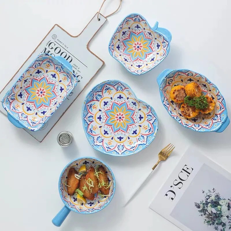 Ceramic Tableware Set Rice Bowl Creative Cutlery Cup Soup Plate Noodle Handle Bowl Sauce Dish Salad Fruit Vegetables Plate