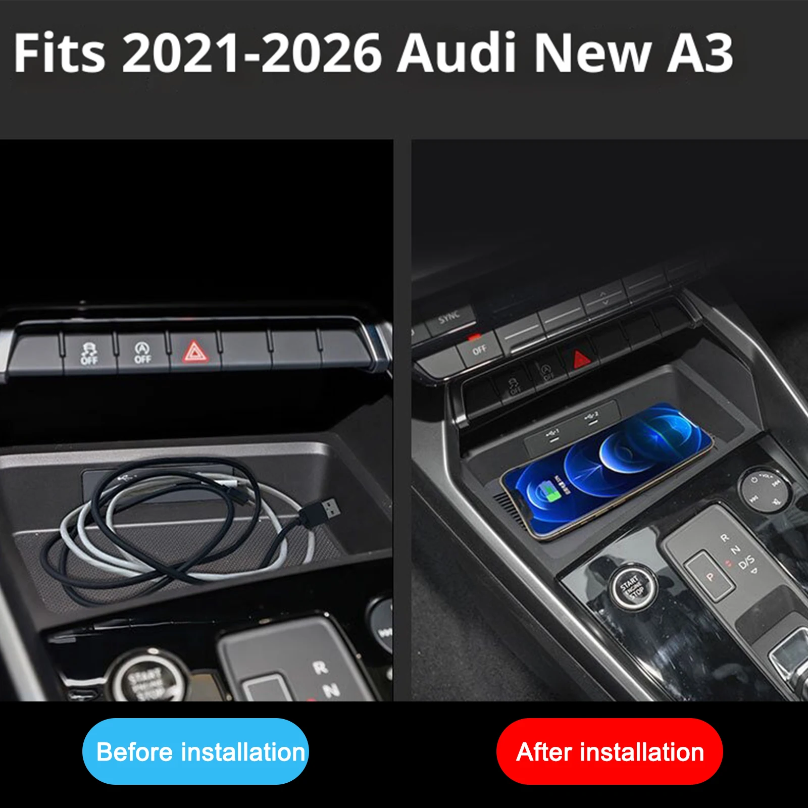 2 Din for Audi A3 A3L 2021-2024 Car Wireless Mobile Phone Charger Center Console Storage 18W iPhone fast charge plate holder