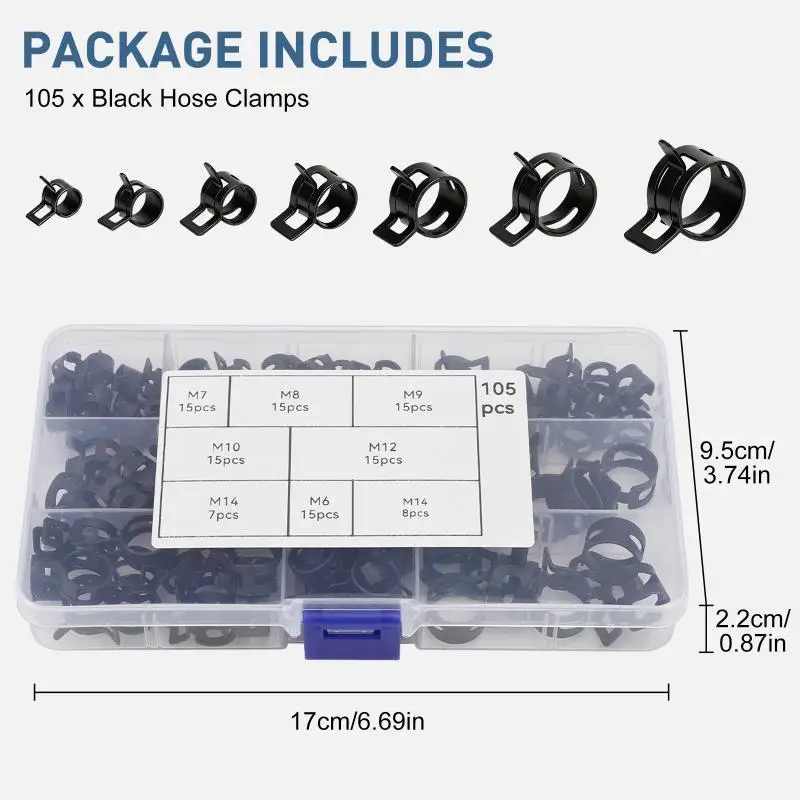 105Pcs Spring Band Hose Clamps Assortment Kits Silicone Vacuum Hose Pipe Clamp 6-14mm Low Pressure Air Clip Clamp