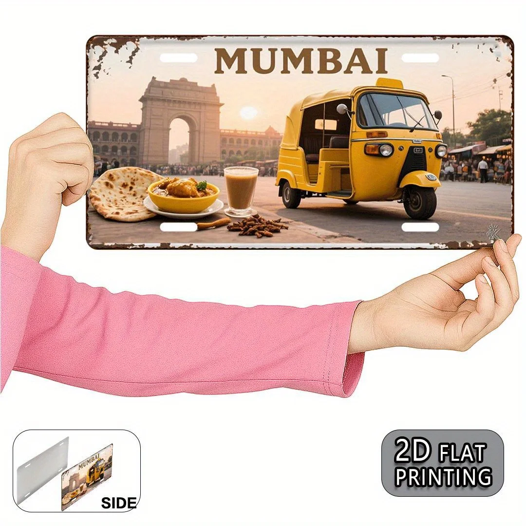 لافتة لوحة ترخيص معدنية من Mumbai - ديكور سيتي سكيب هندي مع توك، أوتو ريكشو - لوحة حائط ريترو للمنزل والمكتب والمقهى - #3