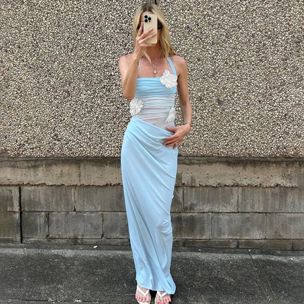 فستان ماكسي مثير بدون حمالات شبكي من Blifanbo للنساء، فستان طويل أنيق شفاف بدون أكمام مفرغ