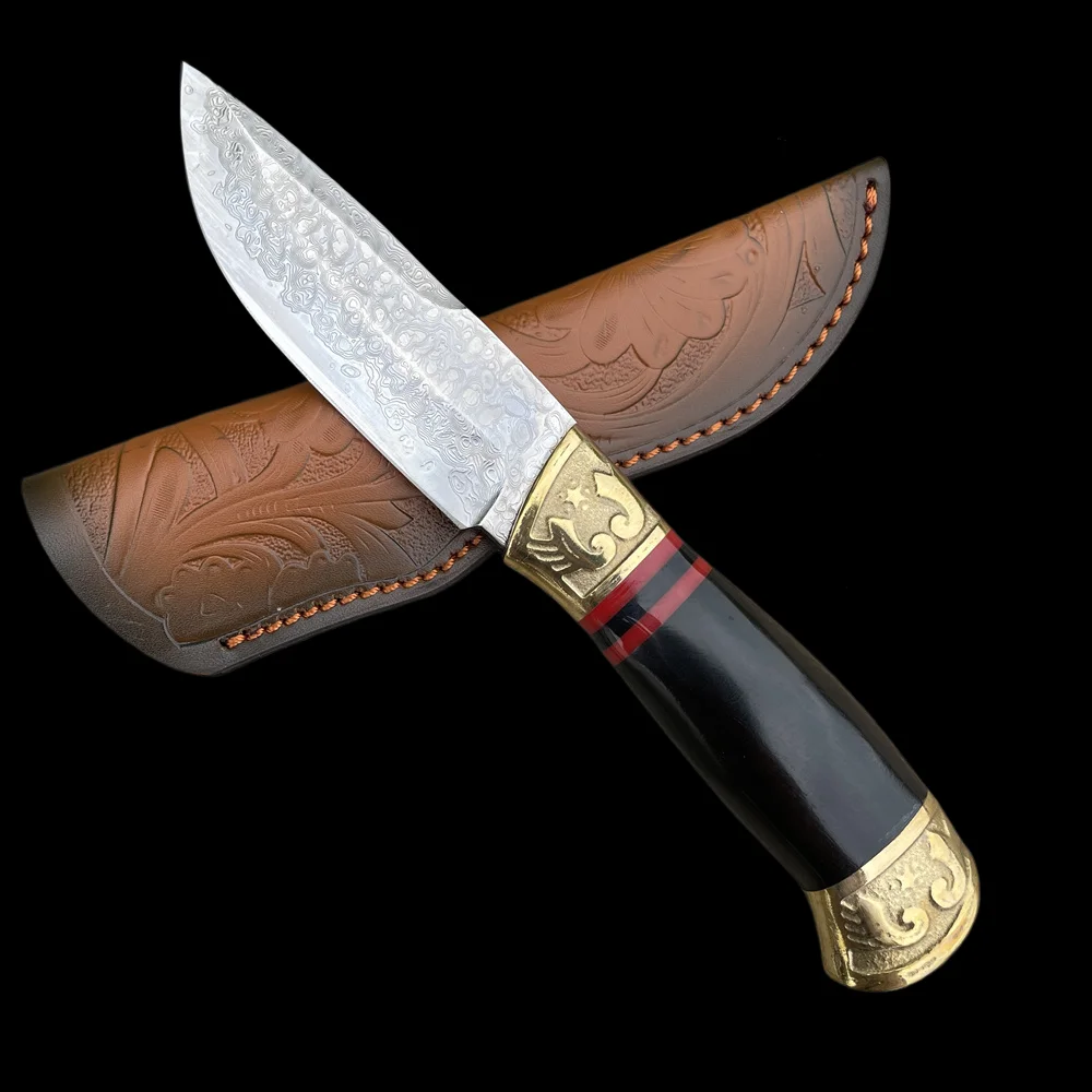 

Damascus Blade Ebony Handles with Brass Tactical Portable Knives, Camping EDC Survival Tools, Hunting Knife with Gift Box