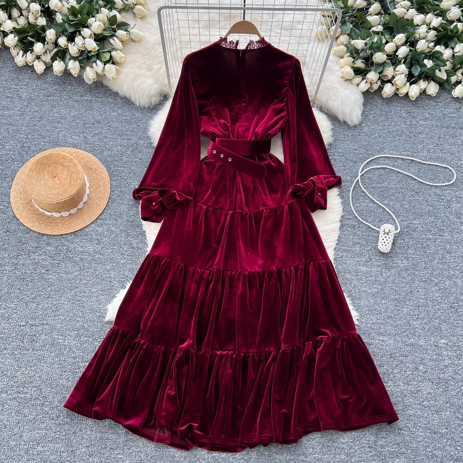 2024 New Autumn Winter Velvet Women Fashion Vintage Wine Red Stand Collar Lantern Sleeve Lace Patchwork Belt Party Casual Dress