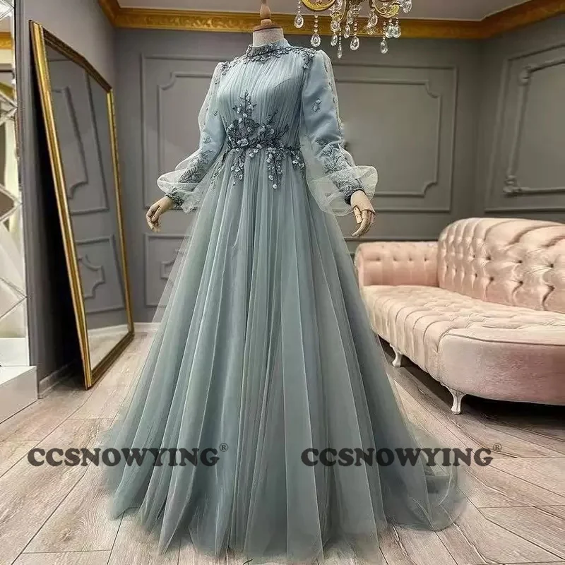 Tulle Appliques Muslim Evening Dresses Islamic Full Sleeve Hijab Formal Party Gown Women Prom Dress High Neck Robe De Soiree