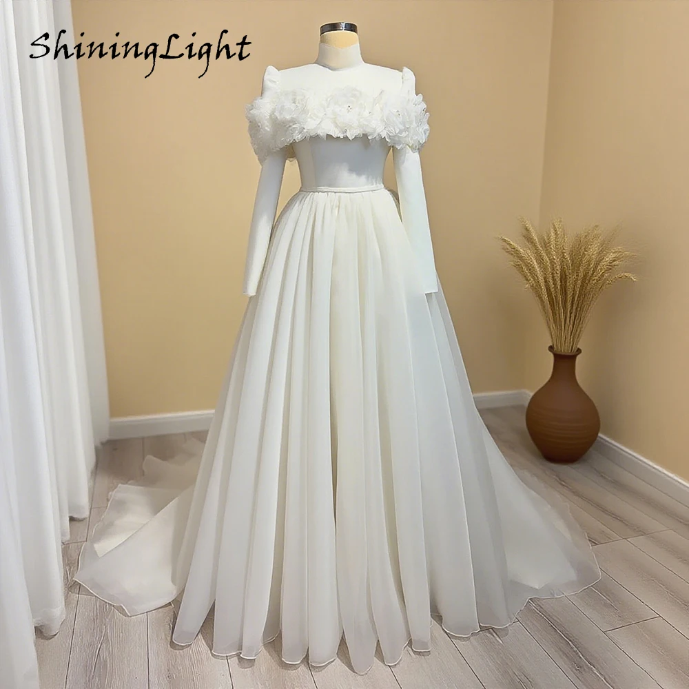 

Ivory Arabic Wedding Dresses 3D Flowers Long Sleeves Elegant A-Line Chiffon Muslim Bridal Gowns Vestidos De Novia Customized