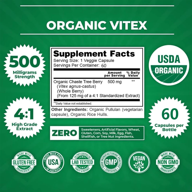 Organic Vitex, 500mg strength, 60 vegetarian capsules, standardized concentrated 4-fold extract, all natural and non GMO