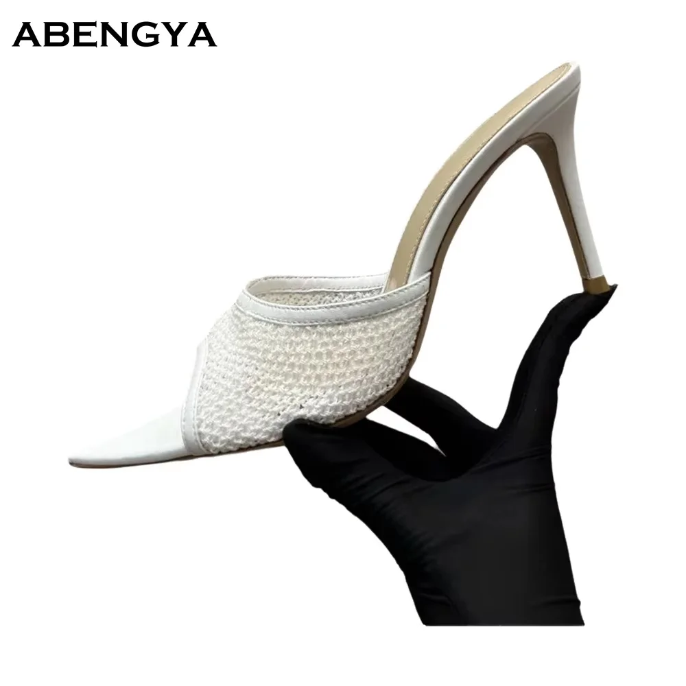 Summer Air Mesh Slippers Women Pointy Toe Mules High Heel Dress Shoes Designer Fashion Party Banquet Shoes Women Half Slippers
