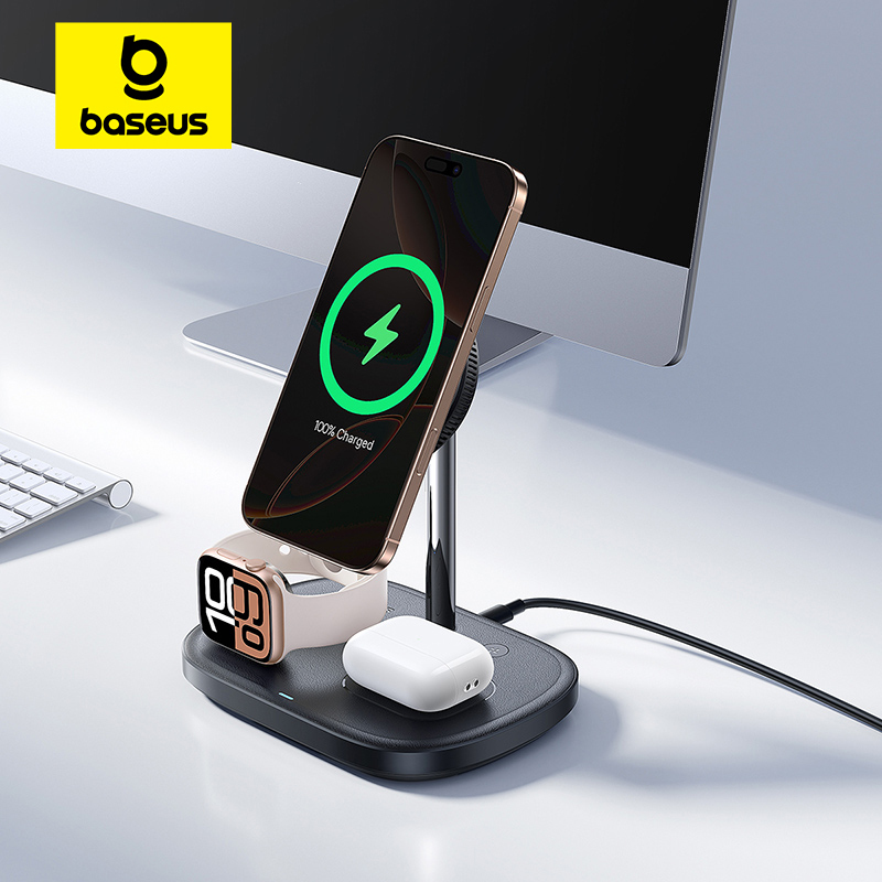  Baseus 22.5W 3-in-1 Wireless Charger Stand Qi2 15W Magnetic Fast Charging TEC Cooling For iPhone 16 15 14 AirPods Apple Watch 