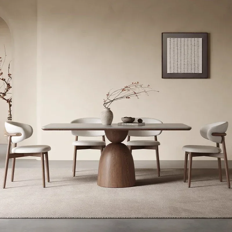 High-end Nordic solid wood rock slab dining table and chair combination,modern simple wabi sandy wind small apartment matte home