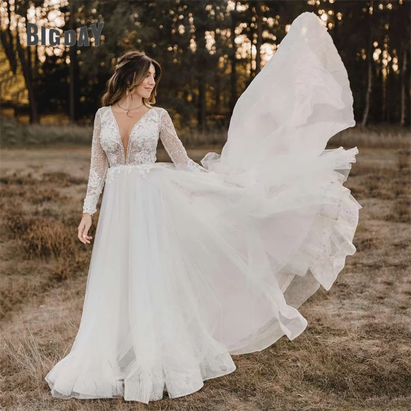 Elegantes vestidos de casamento linha A para mulheres, costas abertas, mangas compridas, renda com decote em v, vestidos de noiva, tule, trem, 2022