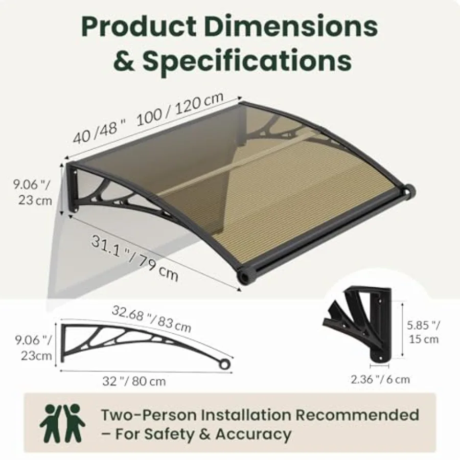32 Inch x 40 Inch Polycarbonate Window Door Awning with Drainage