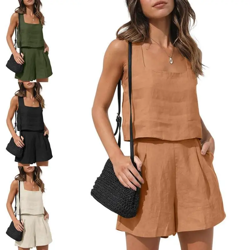 2026 Amazon New European And American Style Women's 2-Piece Casual Set Linen Shorts Sleeveless Top Vest