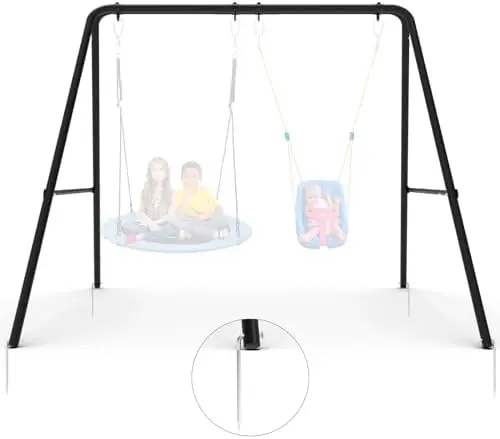 Swing Fe,2 Seats Swing Stand with Ground Stakes, Heavy Duty Thickened Metal A Stand Fe Supports up to 440lbs,for Indoor