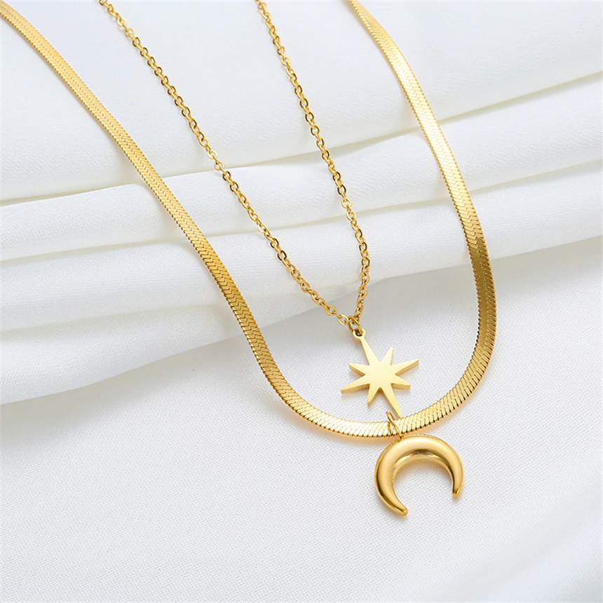 316L Stainless Steel Snake Bone Double Layer Chain Moon Star Pendant Necklace For Women Fashion Fine Jewelry Party Gifts N812