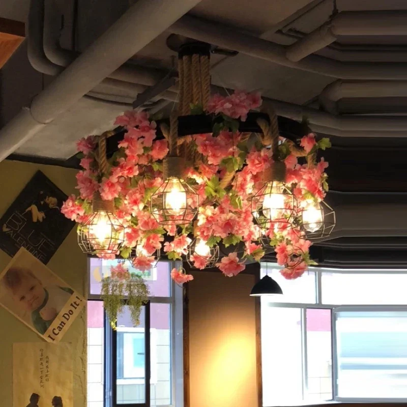 Sakura Green Leaf Chandelier For Indoor Lighting Kitchen Dining Room Bar Wrought Iron Pendant Lamp Pink