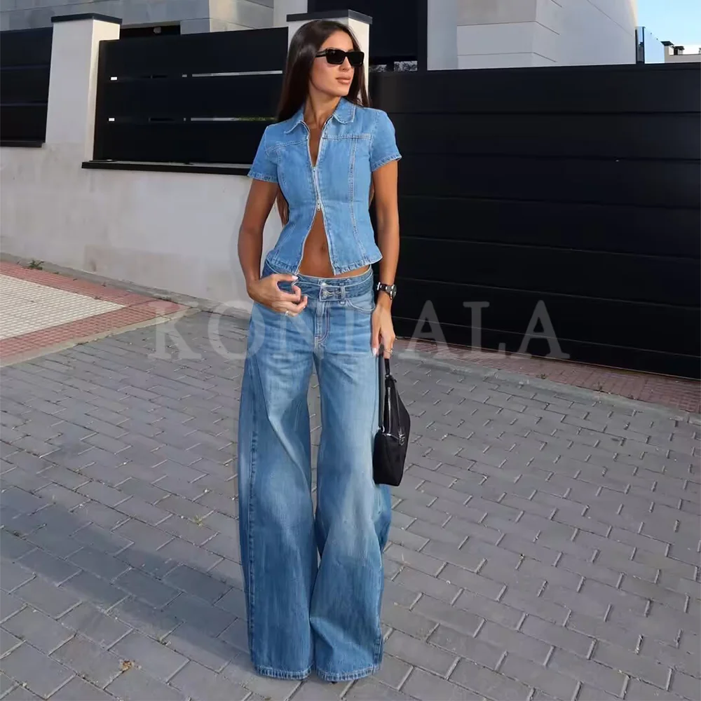 

KONDALA 2026 Spring Summer Elegant Women Sashes Jeans Fashion Casual Vacation Going Out Ladies Business Wide Leg Jeans