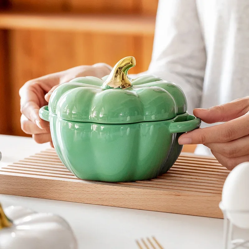 Pumpkin Stew Pot Ceramic Bowl with Cover Soup Bowl Steamed Egg Salad Bowl Baking Kitchen Children Tableware Bowl 450ml