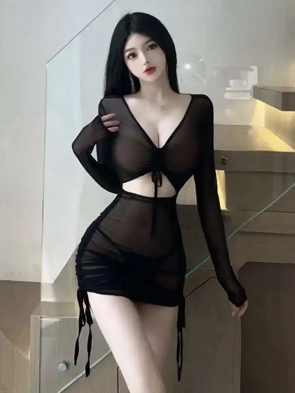 WOMENGAGA طويلة الأكمام الخامس الرقبة تي شيرت فستان قصير مطوي شاش شفاف مثير قصير فستان محكم التفصيل أنيق رقيقة أسود 9UUO