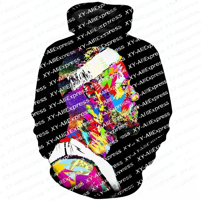 Autumn Winter Men Pullover Hoodie Colorful Pop Art Athlete Portrait Print, Thin Fleece, for Sports Street Style Amateur Fishing
