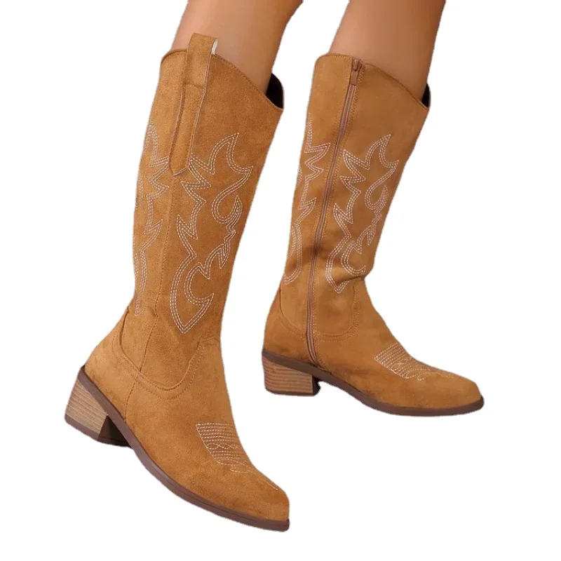 Botas de caballero bordadas para Mujer, botines Retro de cuero PU con punta cuadrada, hasta la rodilla, estilo vaquero occidental, Otoño e Invierno