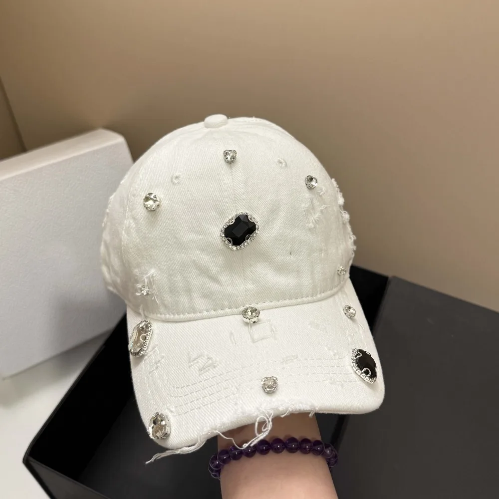 Cotton Rhinestone Baseball Cap Rhinestone Embellished Vintage Wash Hip Hop Cap Torn Effect Adjustable Snapback Hole Washed Hat