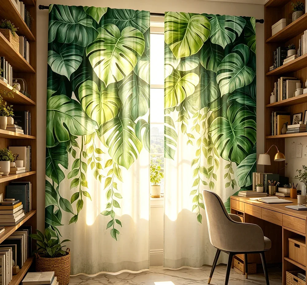 2PCS Digital Printed Curtains, Nordic Green Vines Pattern, Artistic Pattern Window Drapes for Living Room Bedroom Decor