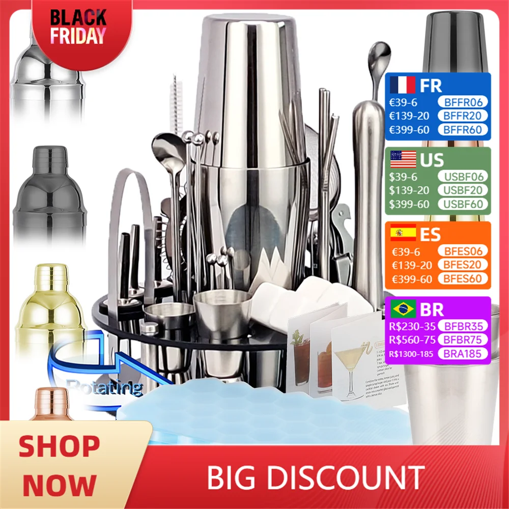 36pcs Complete Professional Cocktail Shaker Set for Drinks Bartender Kit Tools Kit Cocktail Accessories Tools with Acrylic Stand