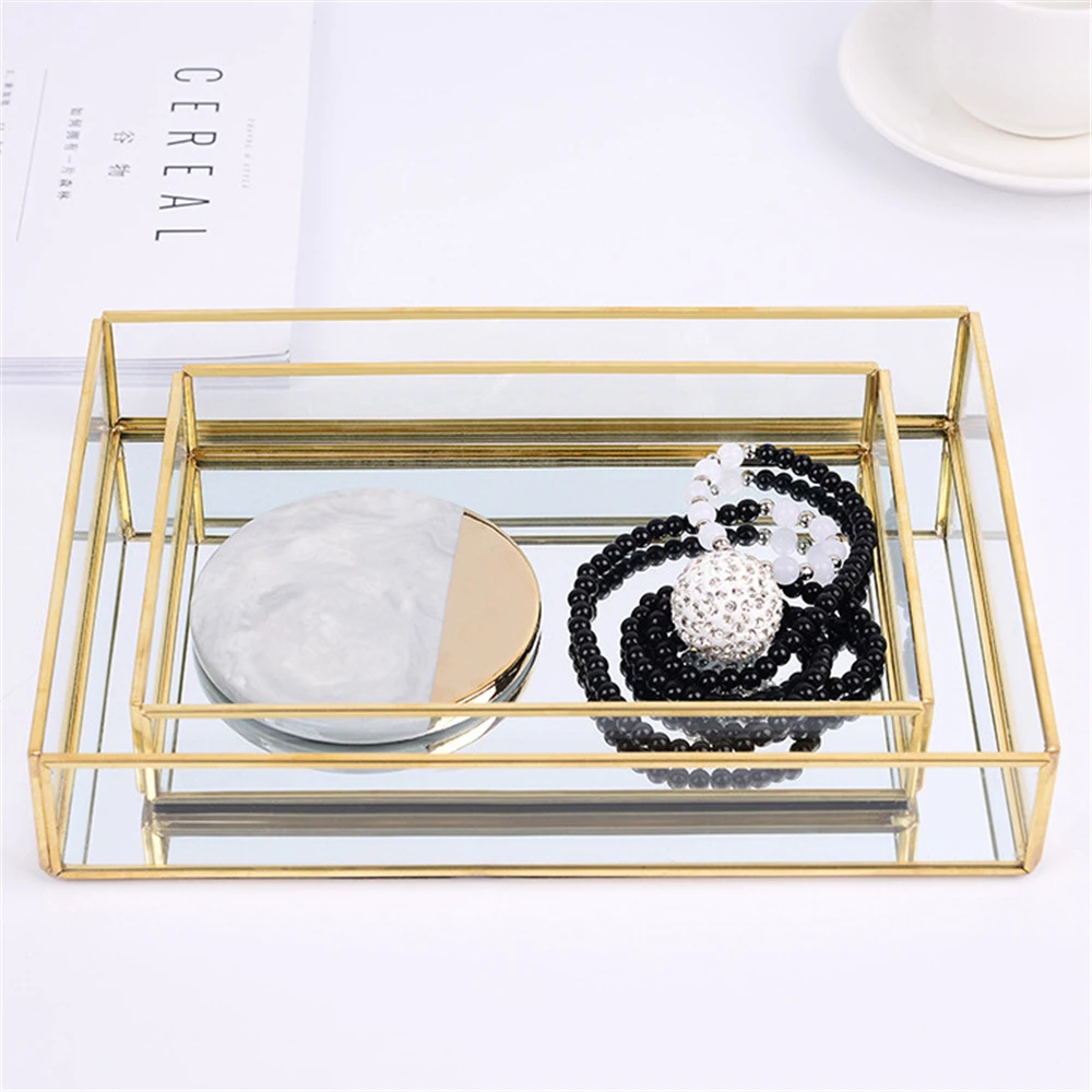 

Golden Glass Storage Tray Desktop Decoration Luxury Makeup Box Jewelry Tray Northern Europe Organizer Box Modern Organizing Case