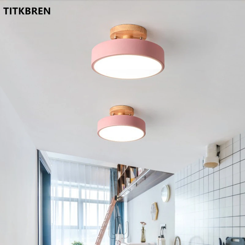 

Modern Round LED Ceiling Light Wooden Base Macaron Color Kids Boy Girl Room Bedroom Ceiling Panels Corridor Luminaire Lamp 20cm