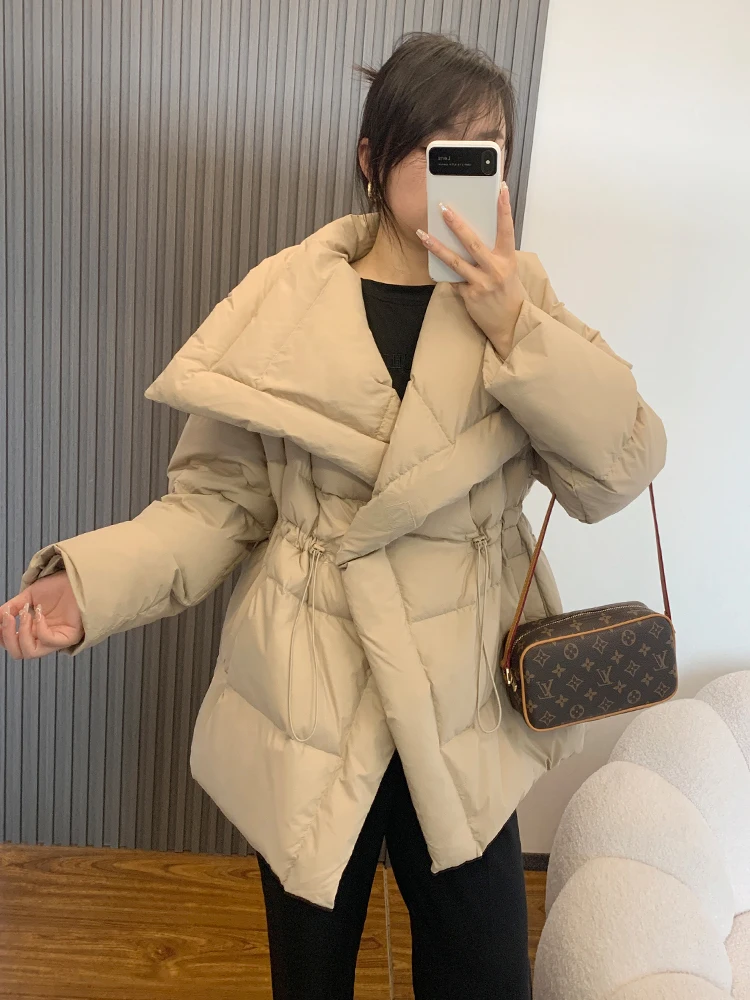 

2023 New Winter Large lapel Collar Elegant Parka White Duck Down Coats Drawstring Loose Office Lady Fashion Jacket