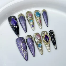 10pcs Long Stiletto Almond Irregular Cat Eye Press On Nails Dark Cool Detachable Full Cover Fake Nails with Glue Nail Tips Art