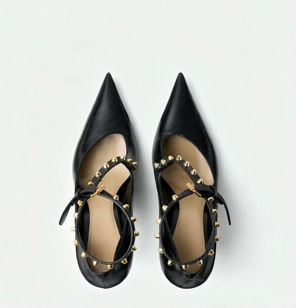 Black Pointed Toe Stiletto Pumps Gold Studded T‑Strap Ankle Buckle High Heel Elegant Glossy Leather Shoes for Party Date Night