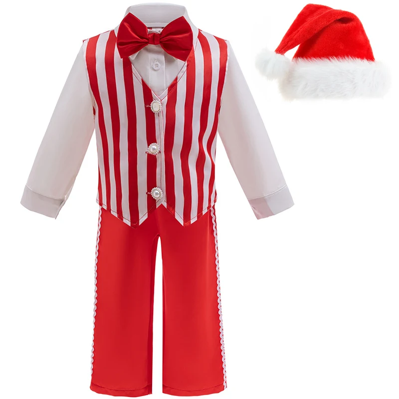 Chidren's Santa Claus Cosplay Christmas Party Costume Boys Shirt+Vest+Pants Red And White Striped Three Pieces Sets With Hat