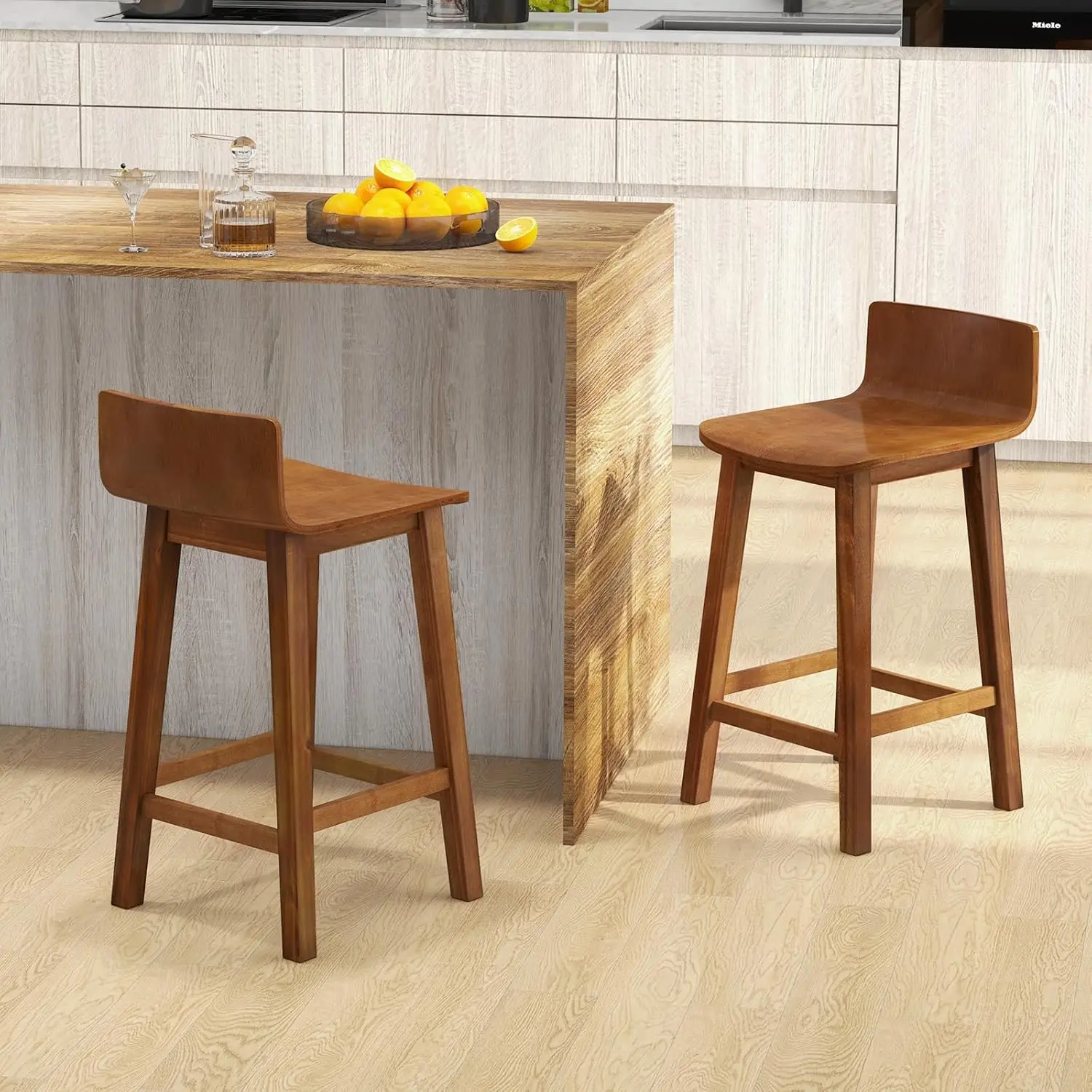 

24.5" Bar Stools Set of 2, Counter Height Bar Stools w/Low Back & Footrest, Farmhouse Wooden Bar Dining Chairs