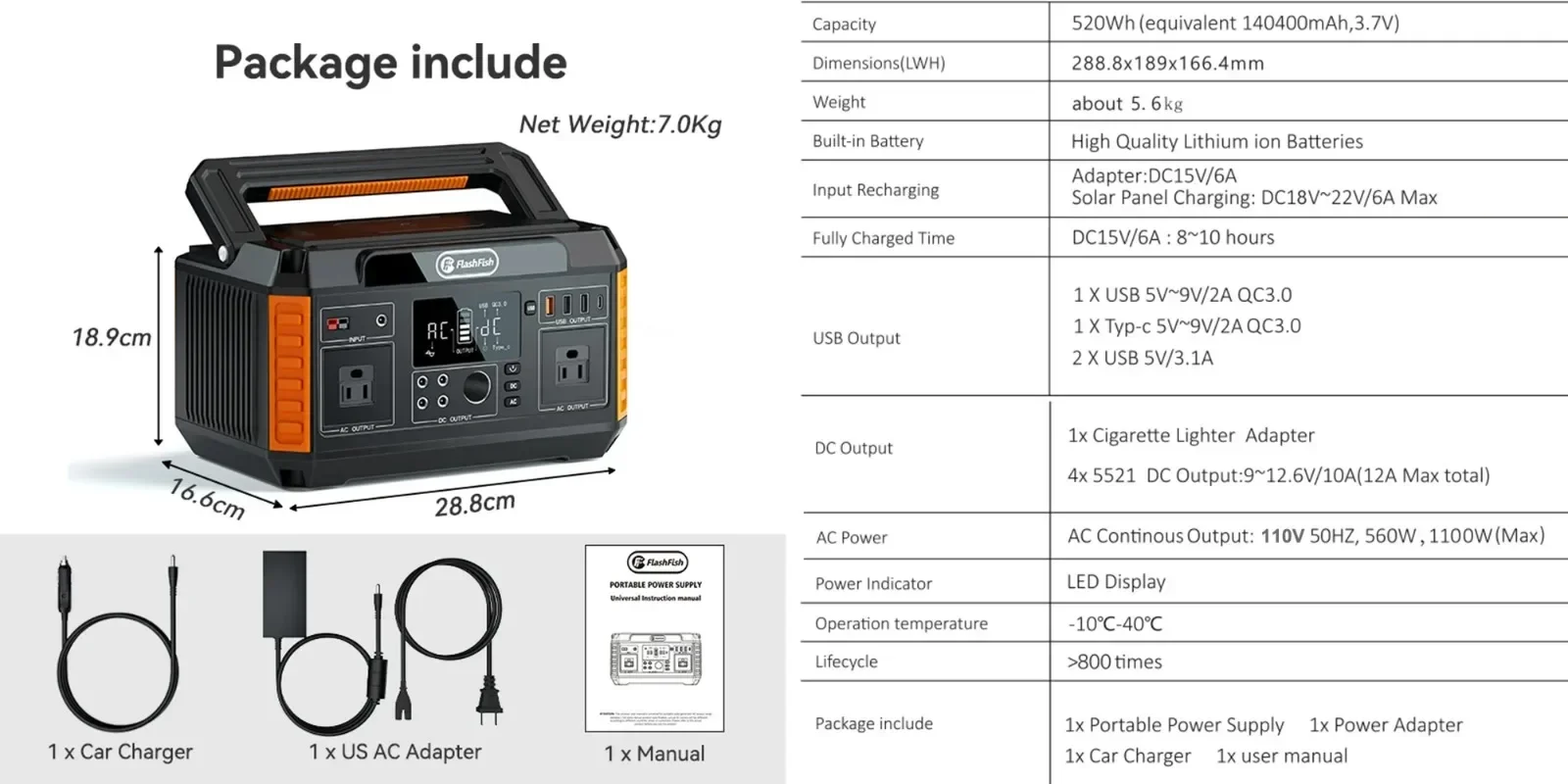 Portable Power Station 560W Solar Generator 230V Pure Sine Wave AC Outlets 520Wh Charging Station for Camping Outdoor Power Bank