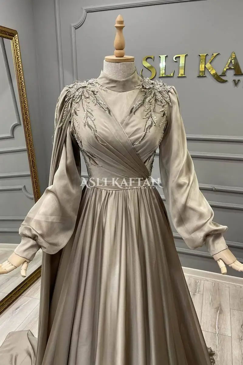 Moroccan Kaftan Muslim Evening Dresses A-line Long Sleeves Appliques Beaded Dubai Arabic Turkey Abaya Islamic Evening Gown