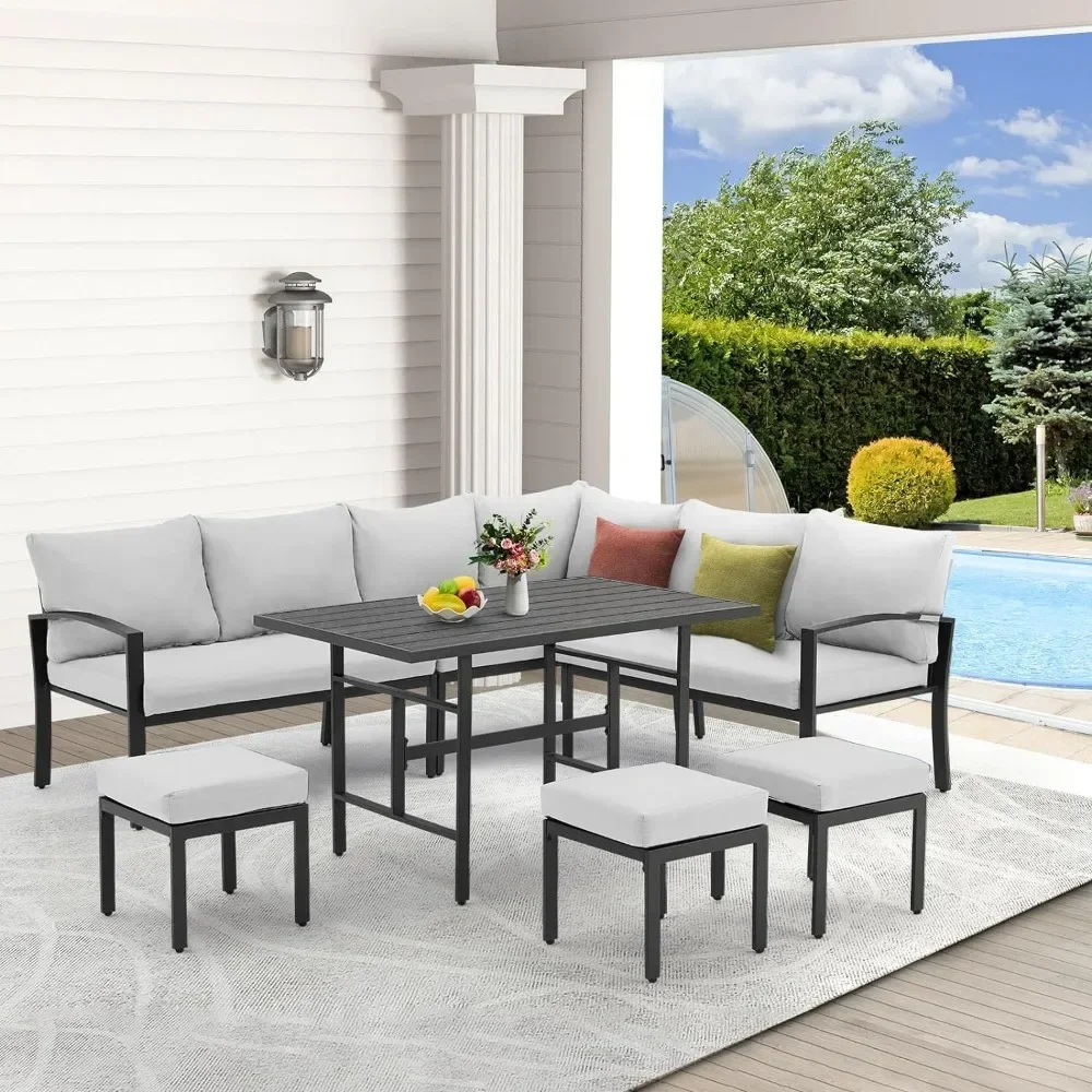 

-Metal patio furniture set, 7 pieces of modern outdoor conversation set, sectional sofa with high dining table and chairs
